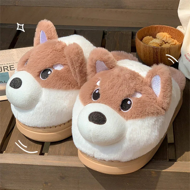 Pair of kawaii dog-shaped slippers on a wooden surface with a bowl of snacks in the background.