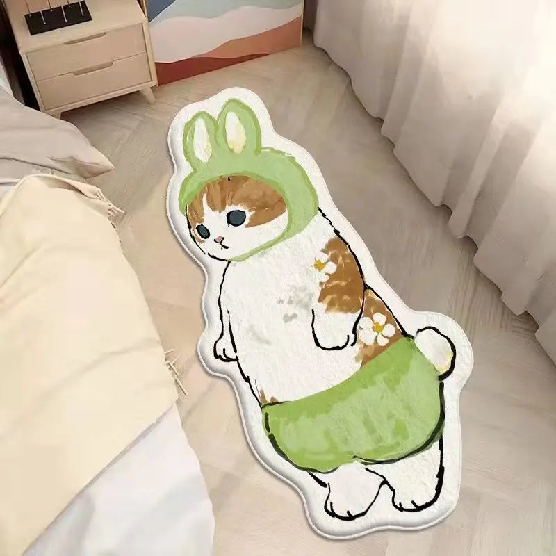 Cartoon kawaii cat in a green outfit on a beige carpet