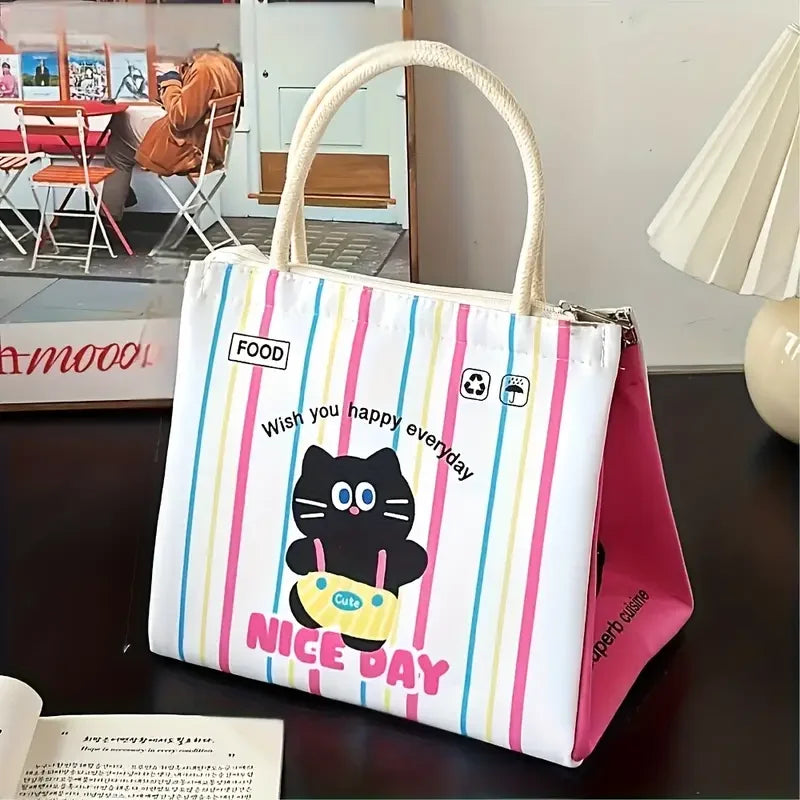Colorful tote bag with a kawaii cat design and text on a table