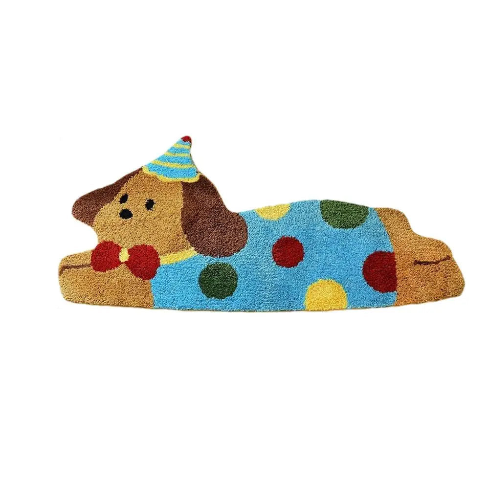 Kawaii dog-shaped doormat with colorful polka dot pattern and party hat on a white background