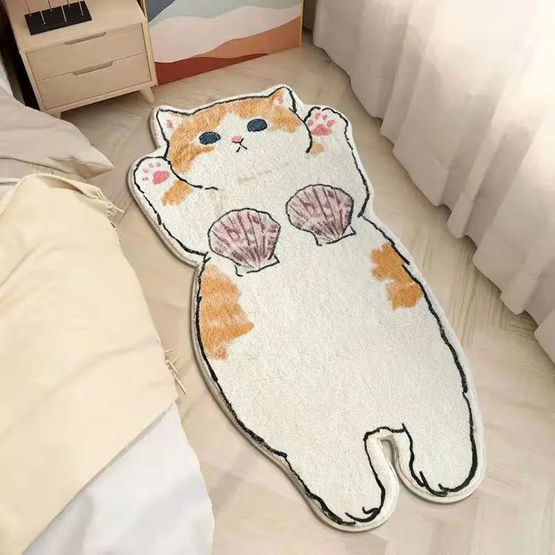 Kawaii cat-shaped rug on a bed with a neutral background