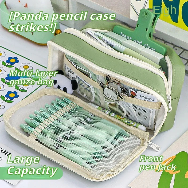 Green kawaii pencil case with panda design on a white surface