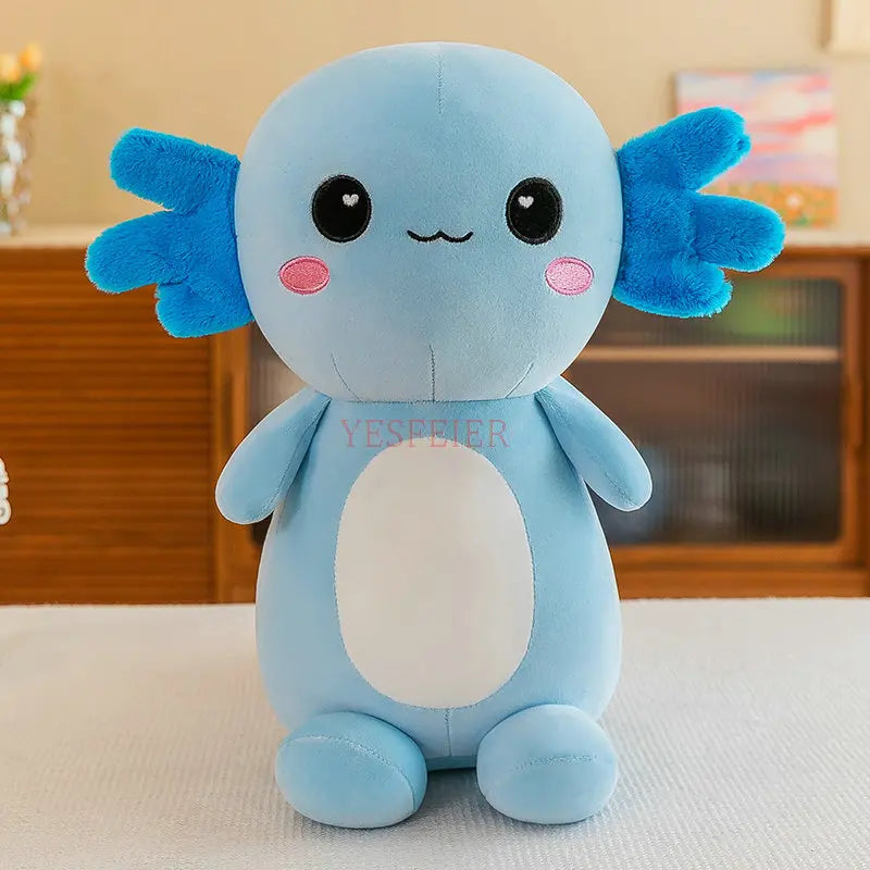Blue kawaii plush toy with a cute face on a light-colored surface