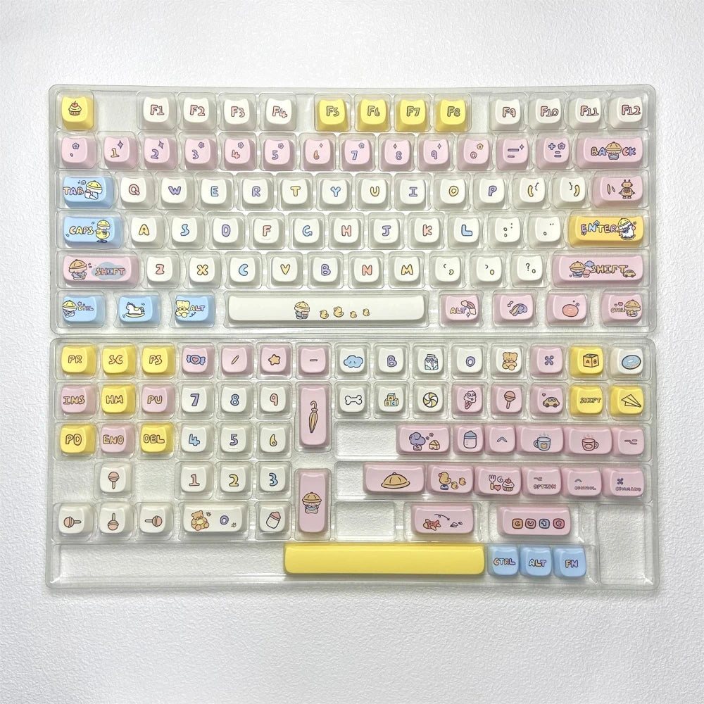 Colorful keyboard with Kawaii cartoon character keys on a white background