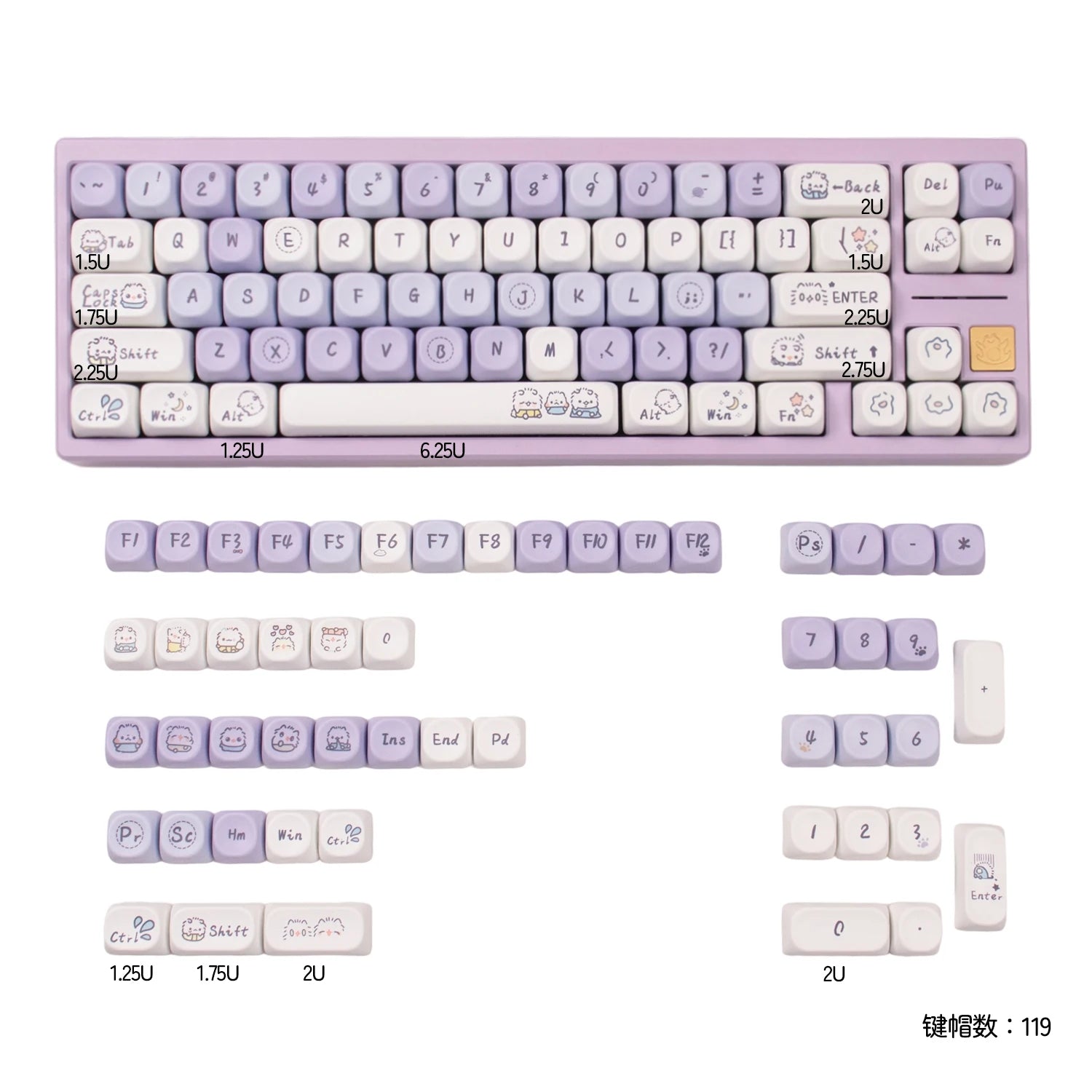 Keyboard with Kawaii cartoon character keycaps on a white background