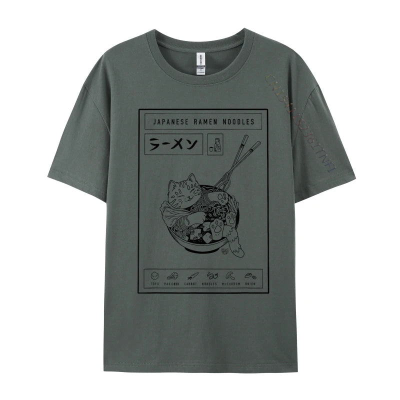 Gray t-shirt with a graphic design of a kawaii cat and ramen noodles on a white background