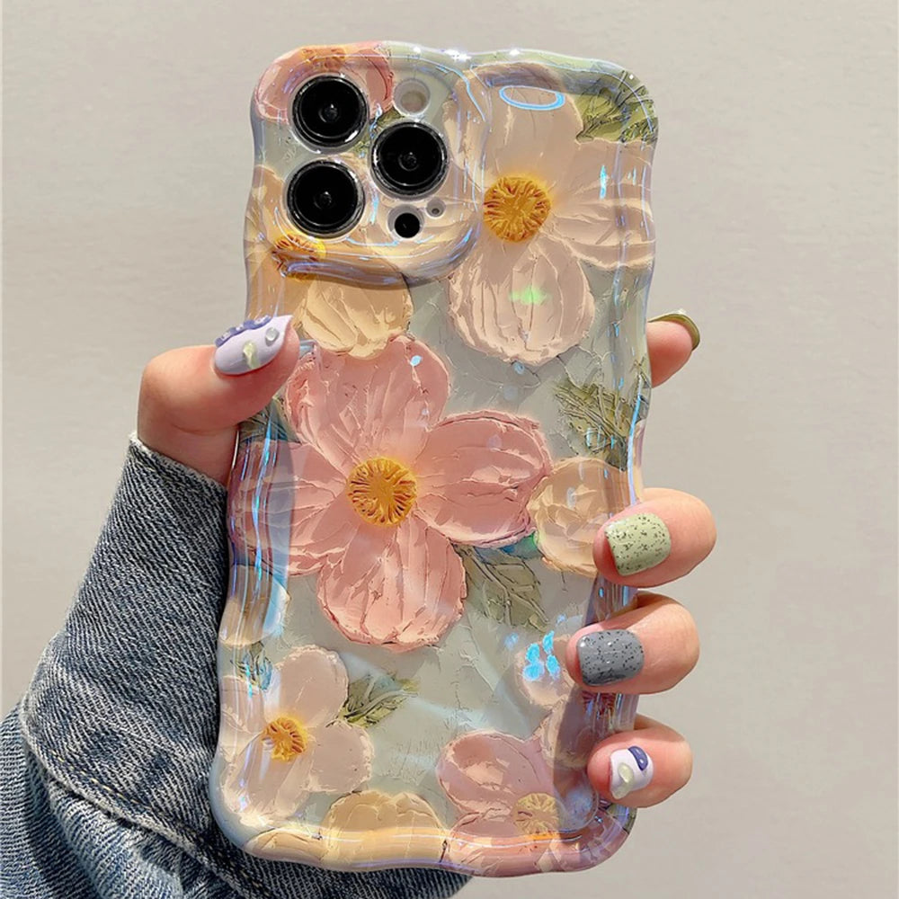 Phone case with kawaii floral design held by a person against a neutral background