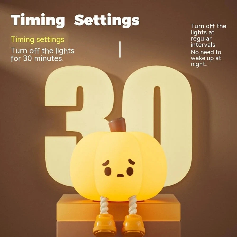 Kawaii pumpkin-shaped night light with '30' on a brown background, featuring timing settings text.