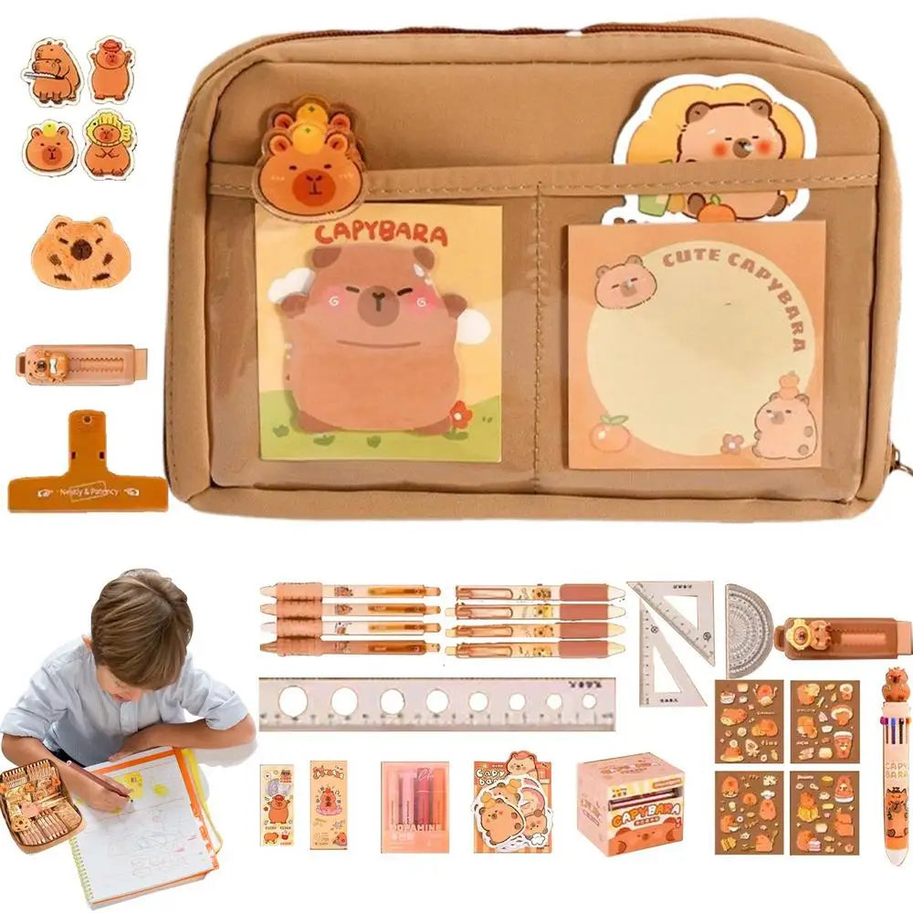 Cute stationery set with kawaii capybara-themed items including a pencil case, pens, and stickers.