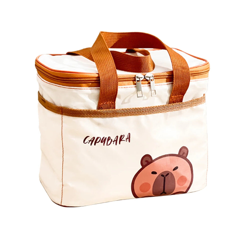 Kawaii insulated bag with capybara design and 'Capybara' text on a white background