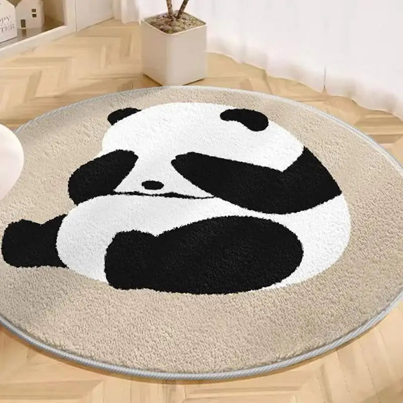 Round rug with a kawaii panda design on a wooden floor
