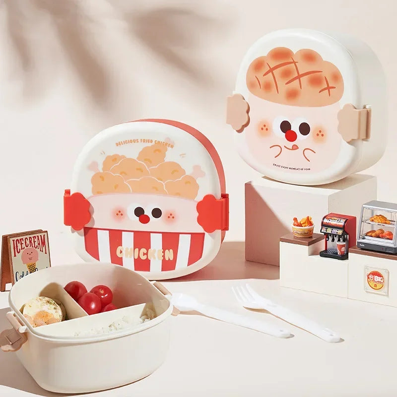 Set of kawaii cartoon-themed plates and bowls with food illustrations on a neutral background