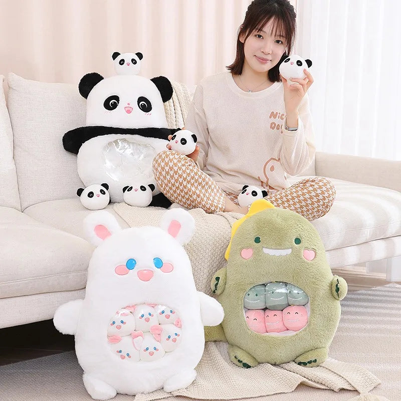 Woman sitting on a couch with various kawaii plush toys, including panda and cartoon characters.