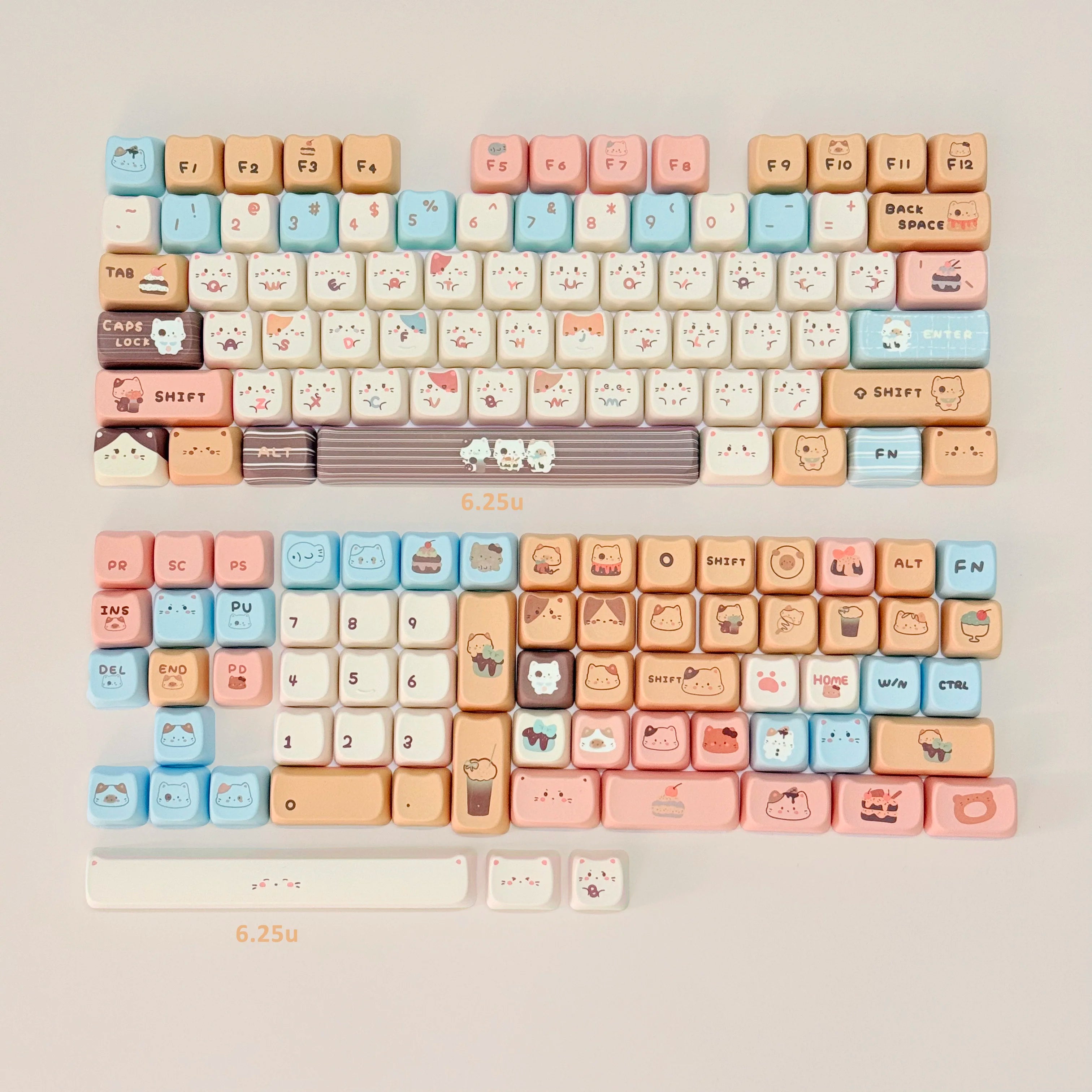 Keyboard with Kawaii cartoon character keys on a light background