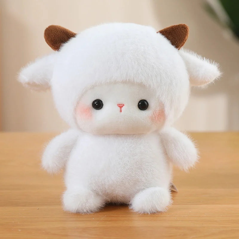 Cute plush kawaii toy with cat ears on a wooden surface