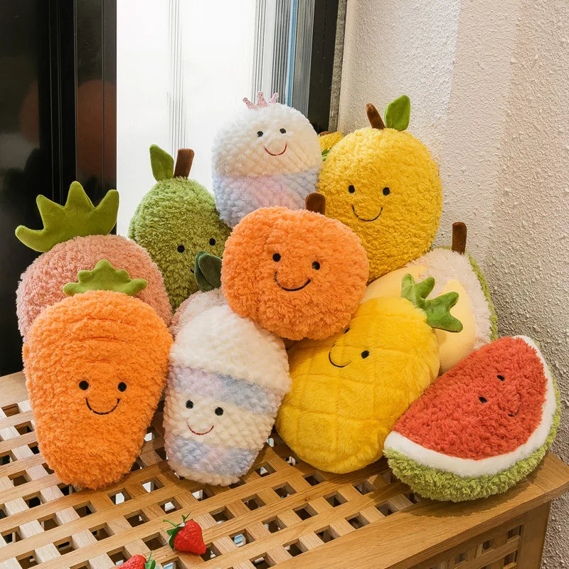 Kawaii plush toys shaped like fruits and vegetables on a wooden surface.