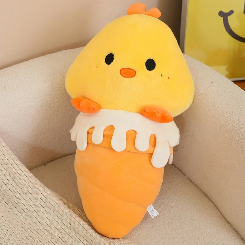 Kawaii plush toy shaped like a cartoon chick in an ice cream cone on a beige couch.