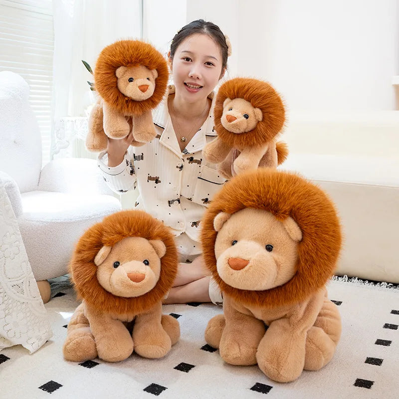Woman holding four kawaii plush lion toys in a home setting