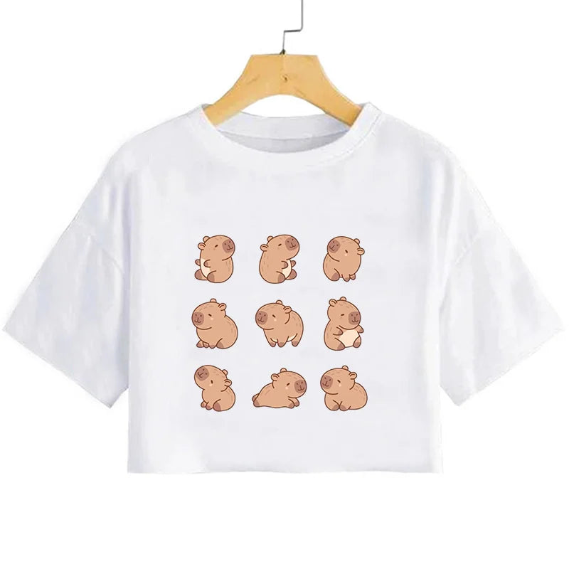 White t-shirt with cartoon kawaii capybara illustrations on a hanger