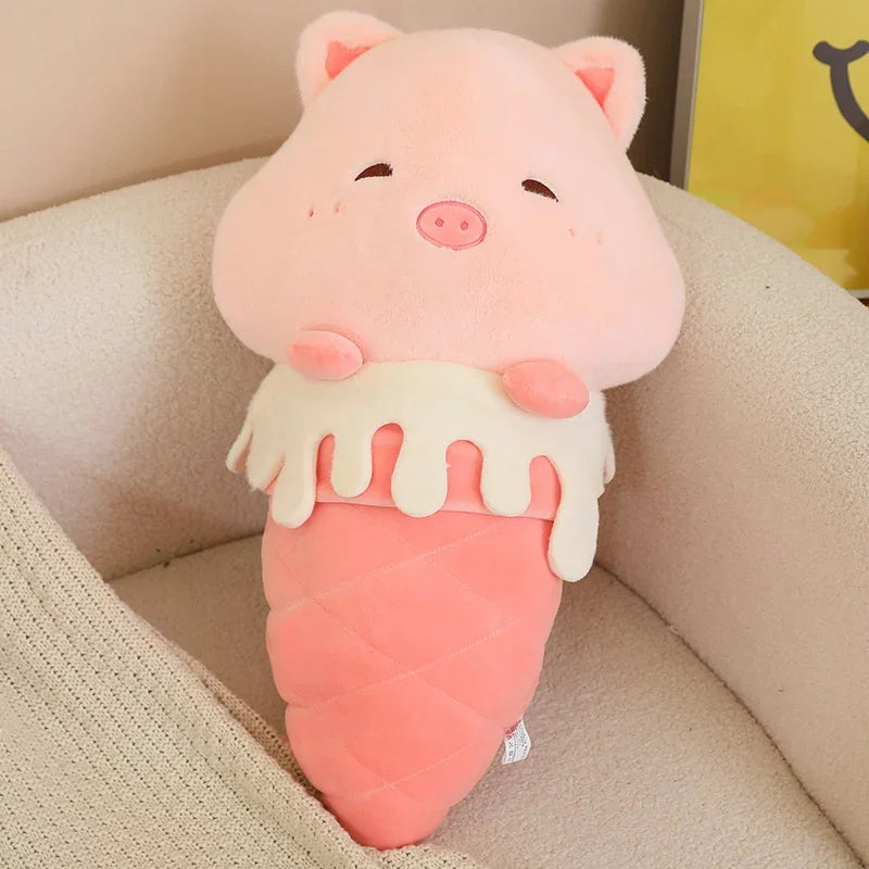 Kawaii plush toy shaped like a pink pig with a white collar on a beige couch.