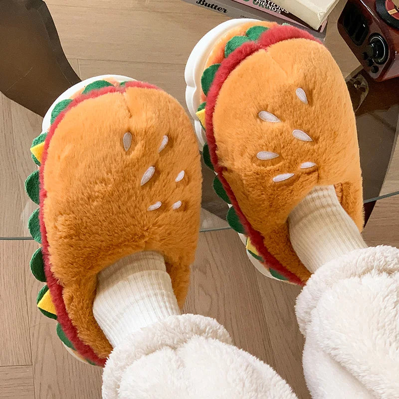 Hamburger-shaped kawaii slippers worn indoors on a wooden floor.