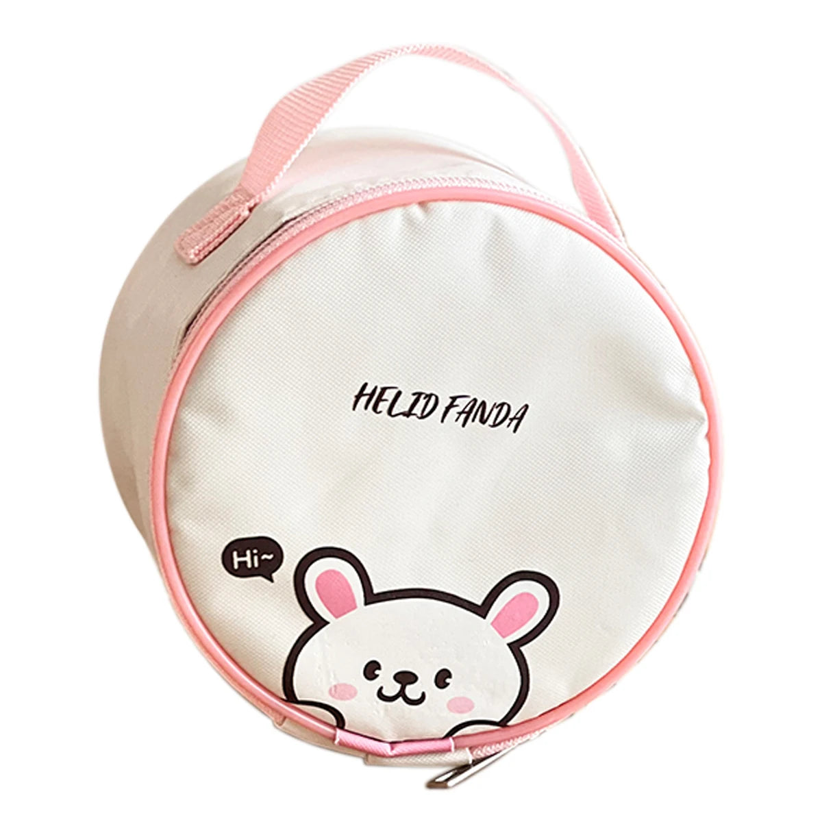Round pouch with kawaii cartoon rabbit design and 'HELID FANDA' branding on a white background