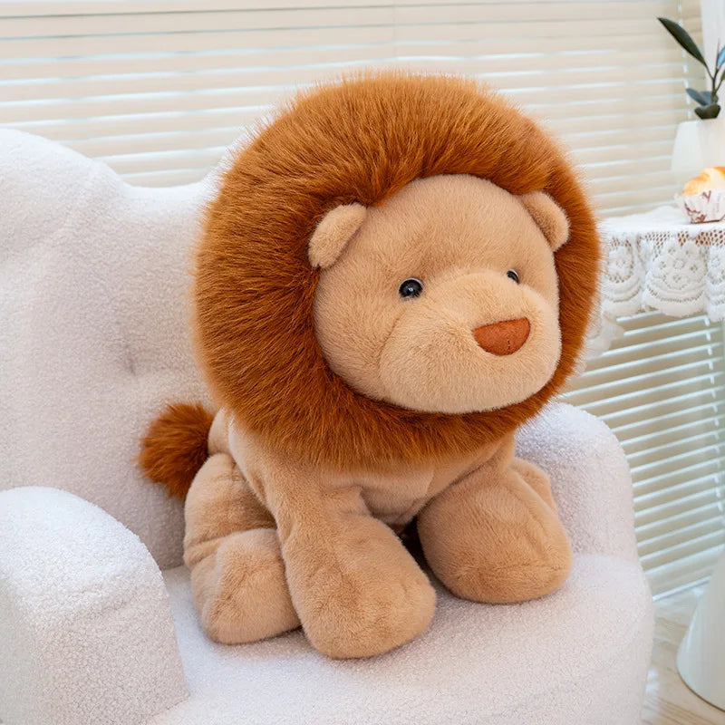 Kawaii plush lion toy sitting on a white surface with a blurred background