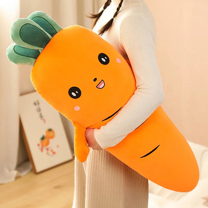 Person holding a large, kawaii plush carrot toy with a smiling face.