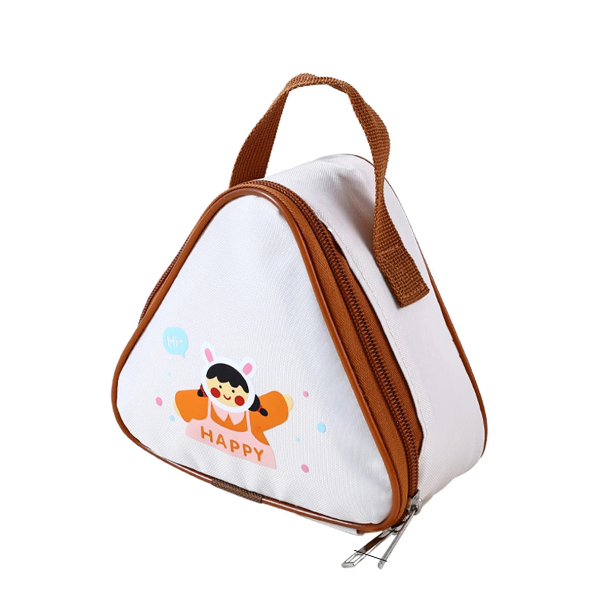 White triangular pouch with brown zipper and handle, featuring a kawaii cartoon character and 'Happy' text, with dimensions displayed.