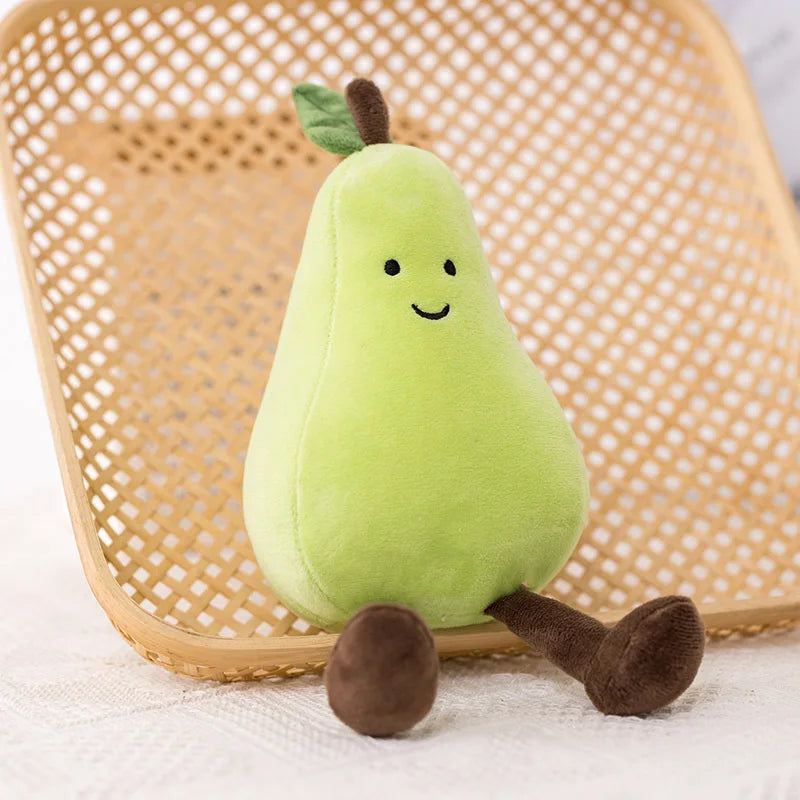 Kawaii plush pear toy with a smiling face on a woven chair