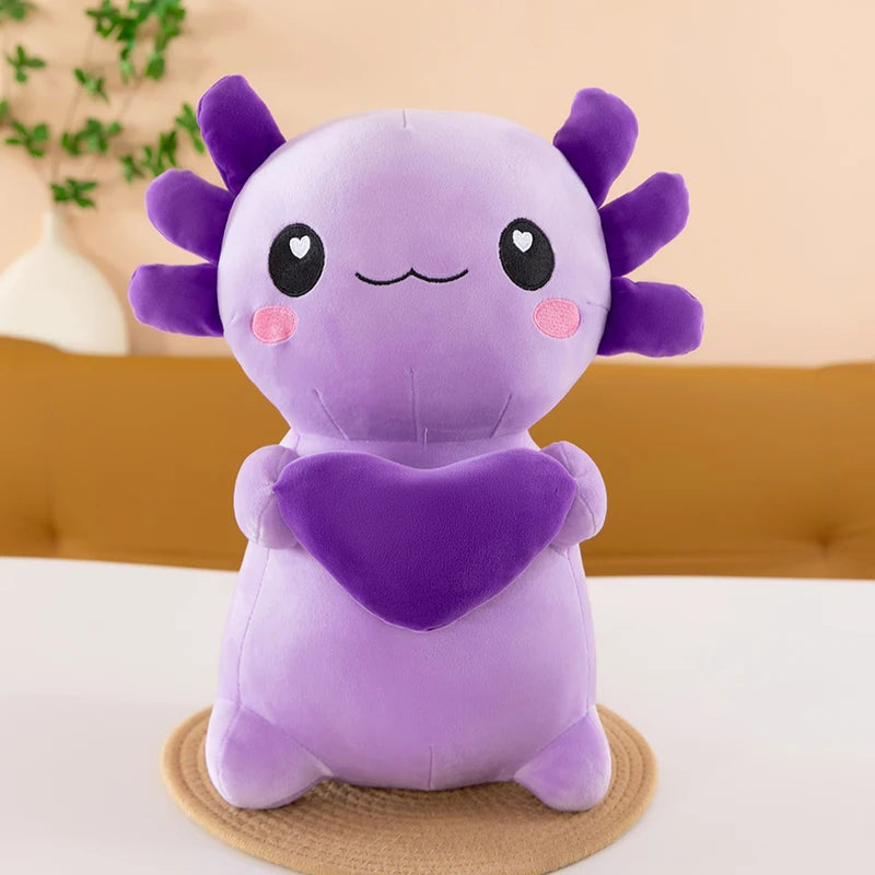 Purple axolotl kawaii plush toy with a heart on a beige background