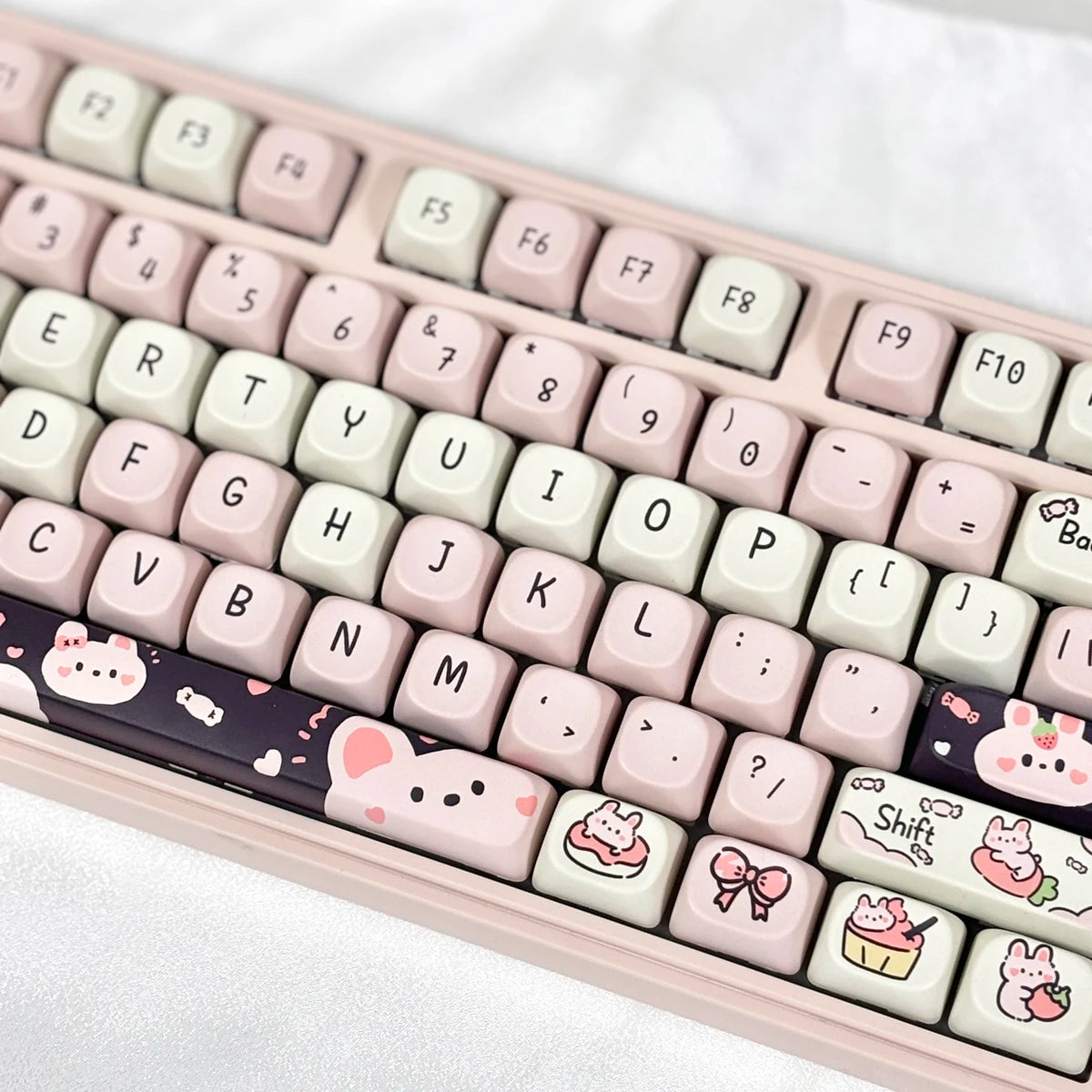 Keyboard with Kawaii keycaps on a white background