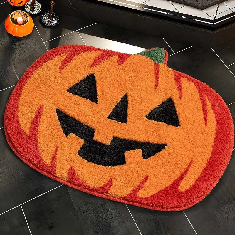 Pumpkin-shaped Kawaii doormat with a jack-o'-lantern face on a tiled floor.