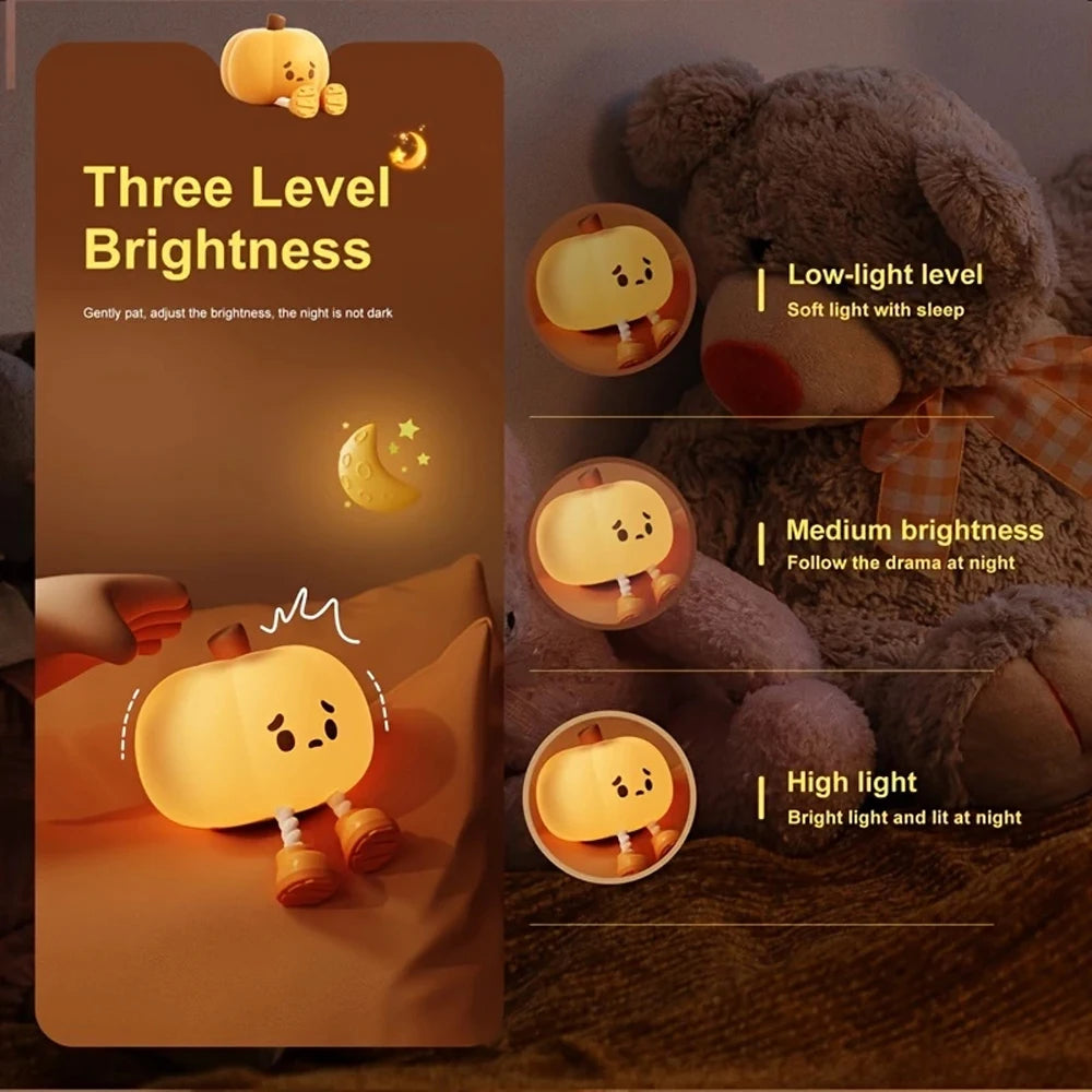 Three-level brightness night light with kawaii plush toys on a bed
