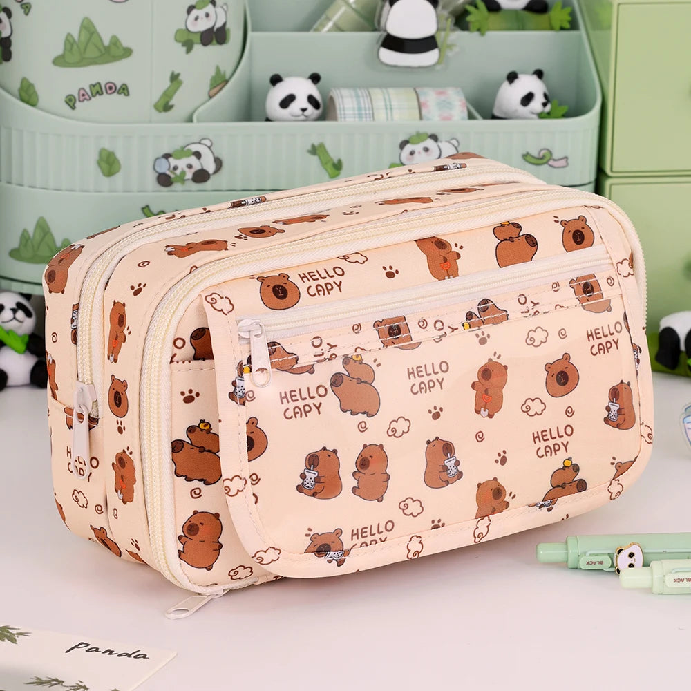 Pencil case with kawaii bear pattern and 'Hello Capy' text on a light background
