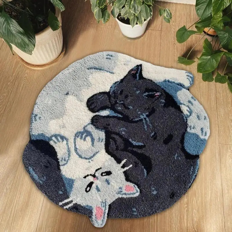 Round rug with kawaii cat design on a wooden floor with plants around
