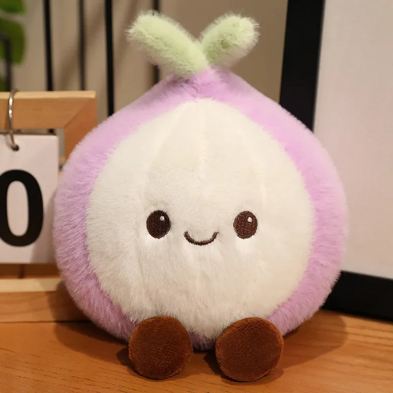 Kawaii plush toy resembling a cute character with a purple body and white face on a wooden surface.