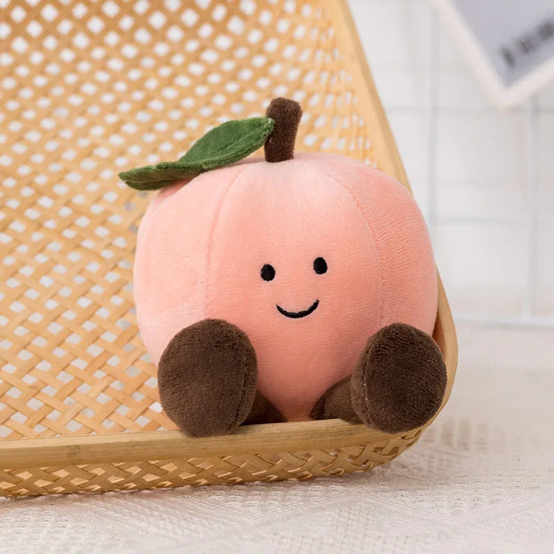 Kawaii plush toy peach with a smiley face in a woven basket