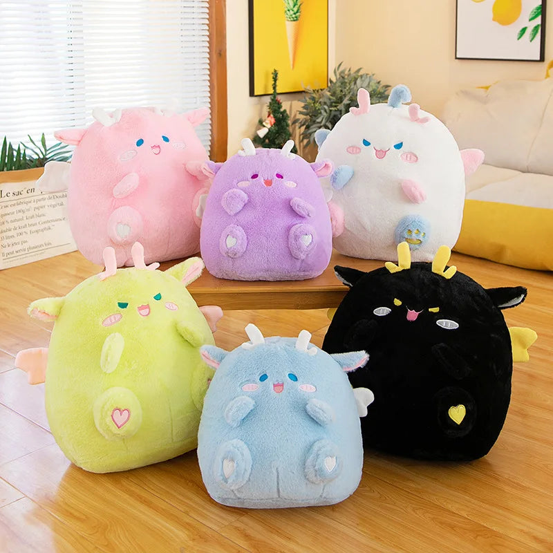 Set of colorful kawaii plush toys on a wooden surface with a homey background.