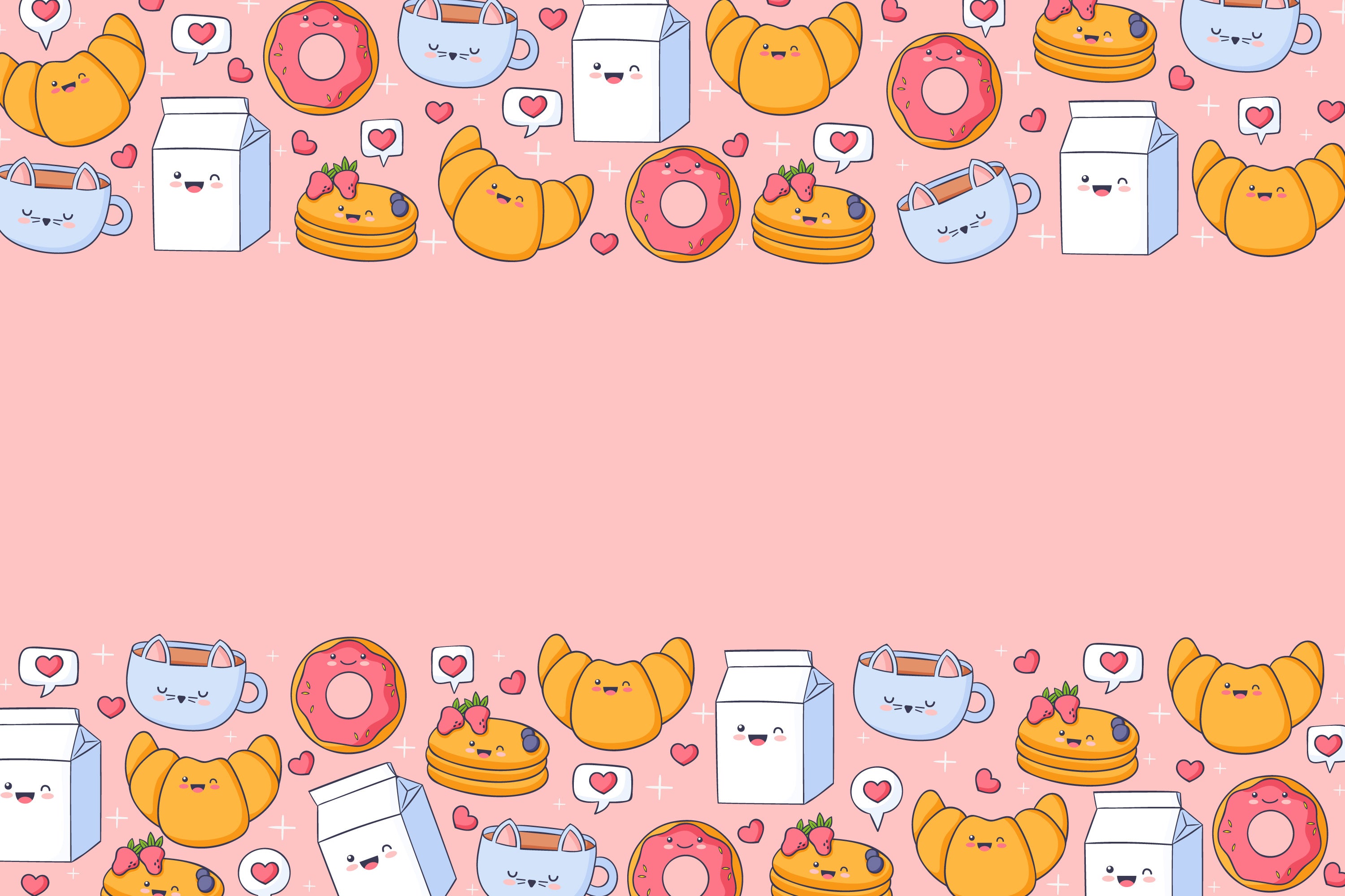 Cute food and drink illustrations on a pink background