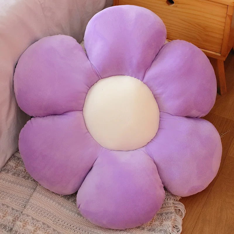 Flower-shaped purple Kawaii cushion on a wooden floor
