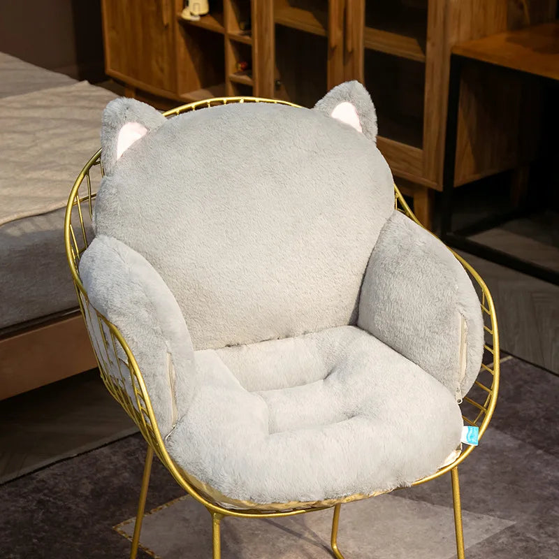 Chair with a gray kawaii cushion shaped like a cat, placed indoors.