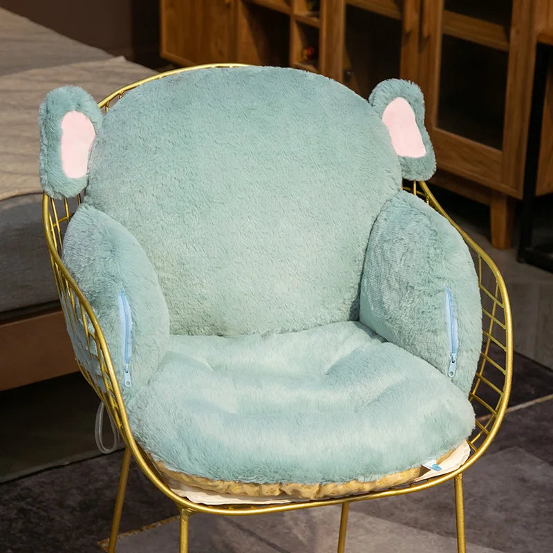Green kawaii plush chair cover with bear ears on a gold wire chair.