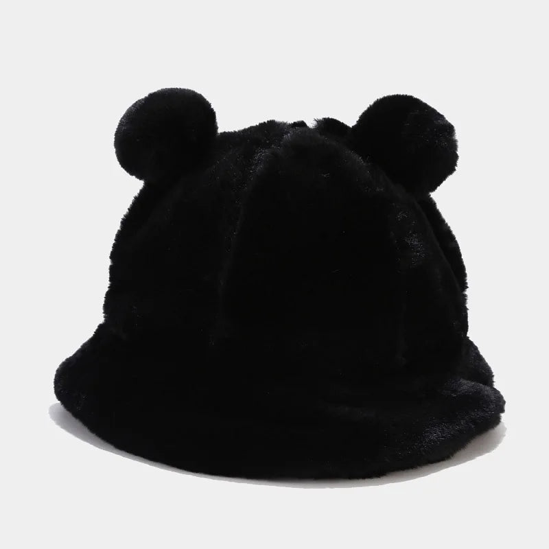 Black plush Kawaii hat with two small black pom-poms on a white background