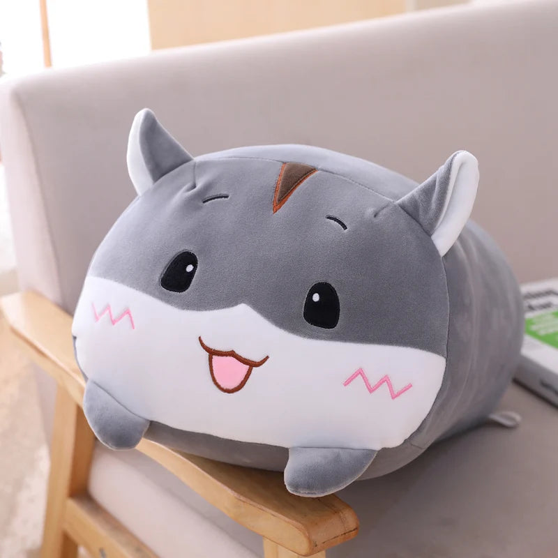 Plush toy shaped like a kawaii cartoon cat on a chair