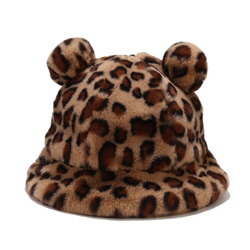 Leopard print Kawaii hat with ears on a white background
