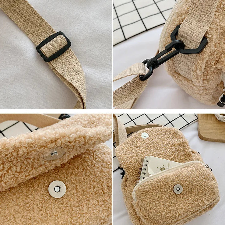 Collage of a beige textured Kawaii bag with a strap and button details on a white background.