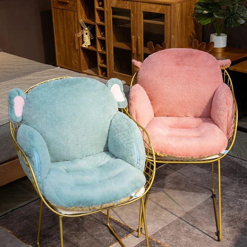 Two kawaii plush chairs with animal ears, one blue and one pink, in a room setting.