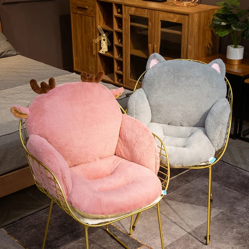 Two kawaii plush chairs, one pink and one gray, with animal ears in a room setting.