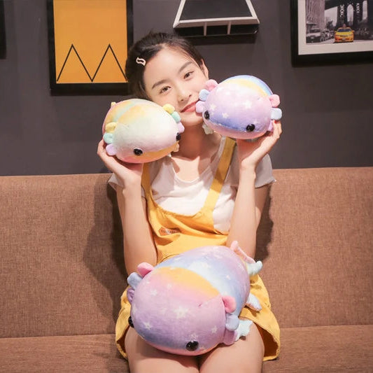 Woman holding colorful kawaii plush toys in a living room setting